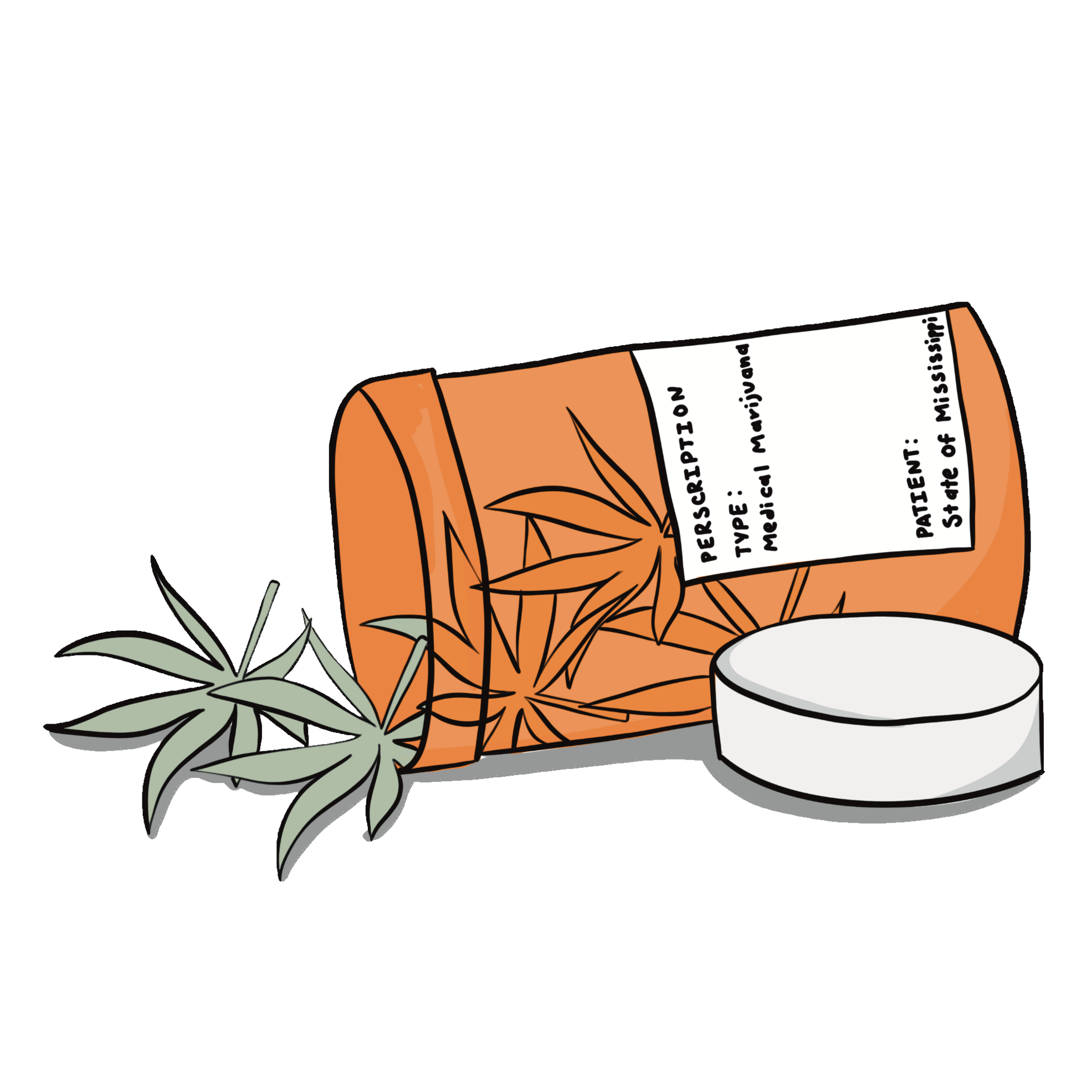 Illustration of a prescription bottle with marijuana leaves inside.