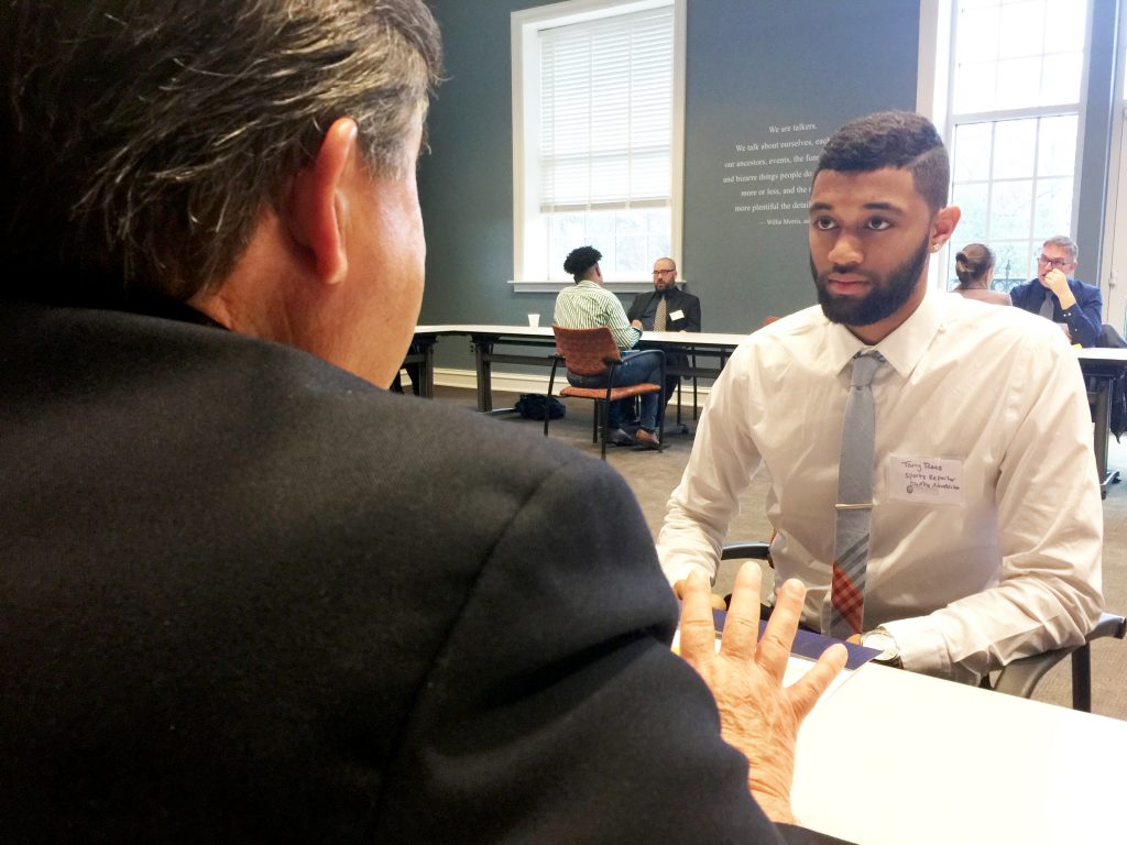 University of Mississippi student Torry Rees speaks with radio broadcaster Jeff Covington during a past MAB event.