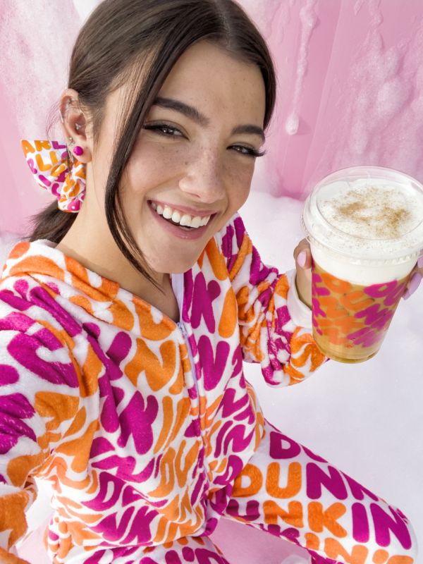 Charli D'Amelio and her Dunkin' drink from the Dunkin' website.