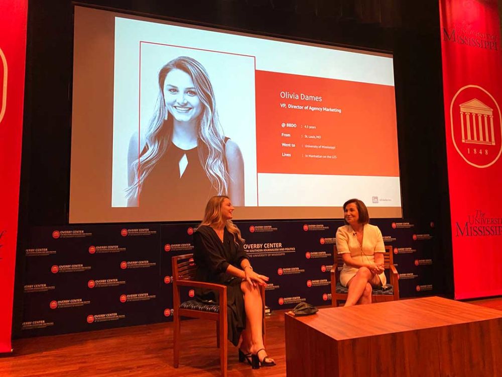 From left, Oliva Dames, vice president and director of agency marketing for BBDO New York, and Kristen Flanik, president and CEO of BBDO New York, speak to an audience inside the Overby Center auditorium. Dames graduated from the University of Mississippi with a degree in business/commerce and minors in marketing and French. 