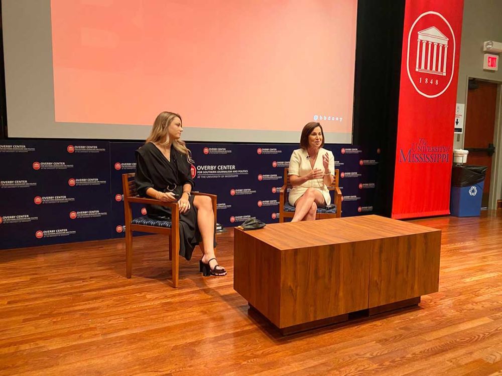 From left, Olivia Dames, vice president and director of agency marketing for BBDO New York, and Kirsten Flanik, president and CEO of BBDO New York, speak to an audience inside the Overby Center auditorium. Dames graduated from the University of Mississippi with a degree in business/commerce and minors in marketing and French. 
