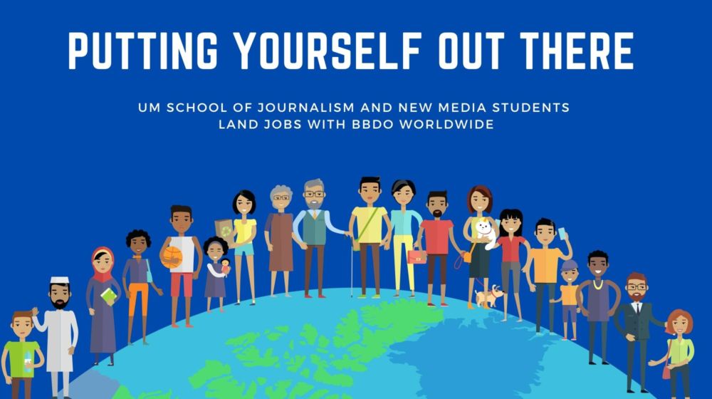 The graphic features a world with people standing on top of it and reads: Putting Yourself Out There.