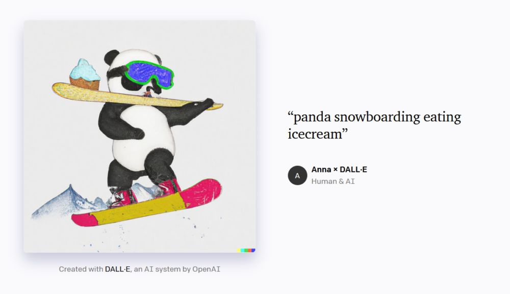 Student Anna Potts typed "Panda snowboarding eating ice cream" and DALL-E 2 produced this image.