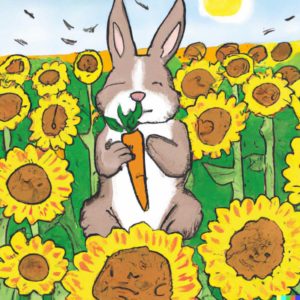 Student Ashley Parks entered the description "A picture of a bunny eating a carrot in the middle of a sunflower field" and DALL-E 2 created this image.