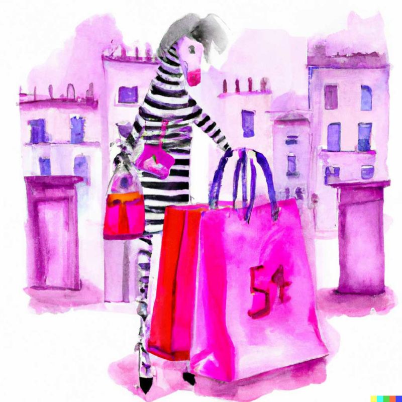 Student Ava Jahner entered the description "Pink zebra shopping in Paris watercolor" and DALL-E 2 created this illustration.