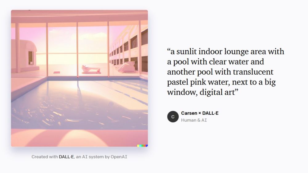Student Carsen Greensage typed "A snulit indoor lounge area with a pool with clear water and another pool with translucent pastel pink water next to a big window digital art" and DALL-E 2 created this image.