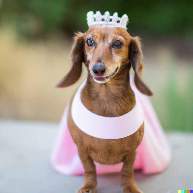 Student Jenna Karl entered the description "A dachshund wearing a pink dress and a crown outside" and DALL-E 2 created this image.