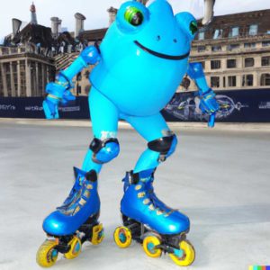 Student Megan Harr entered the description "Blue frog roller skating in London" and DALLE-2 created this image.