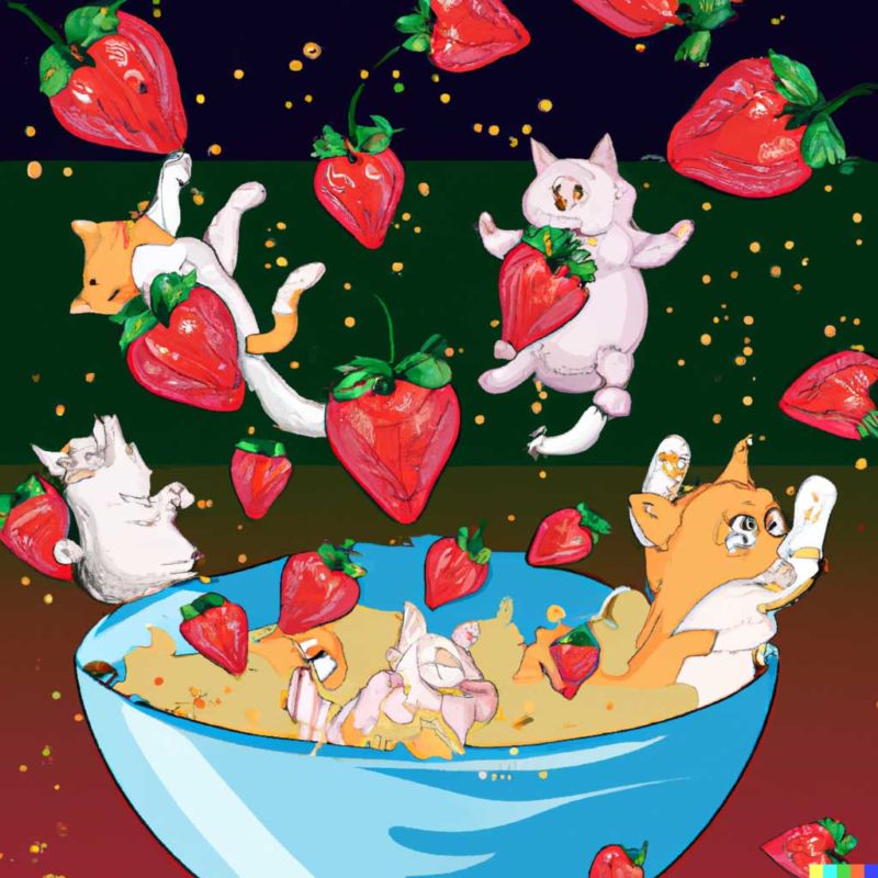 Student Miya Yuratich entered the words "Cats swimming in a bowl of cereal while it's raining strawberries" and DALL-E 2 created this illustration.