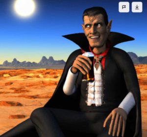 Student Olivia Morgan entered the description "Vampire drinking beer in the desert" and DALL-E 2 created this image.