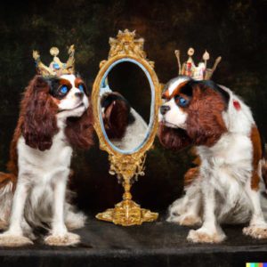 Student Paige Carvell entered the description "King Charles cavalier dogs trying on crowns looking in mirror" and DALL-E 2 created this image.
