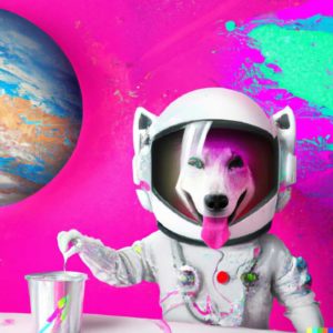 Student Savannah Shook provided the text "Digital art style mixing paint with an astronomy helmet in a pink room happy," and DALL-E created this illustration.